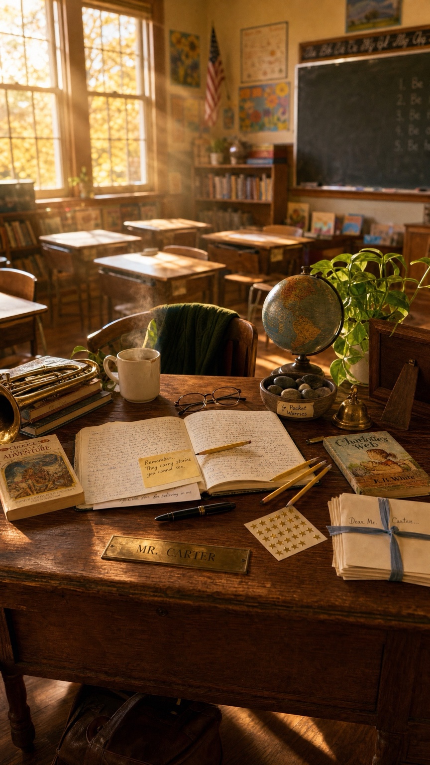 Mr. Carter's worn teacher desk in Room 209